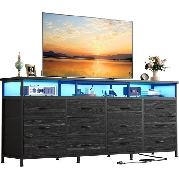 TV Stand Dresser for 75/70/65 Inch TV, Long Dresser TV Stand for Bedroom with 12 Drawers & Shelf, Entertainment Center with Power Outlets & LED Lights, TV Media Console for Living Room, Black