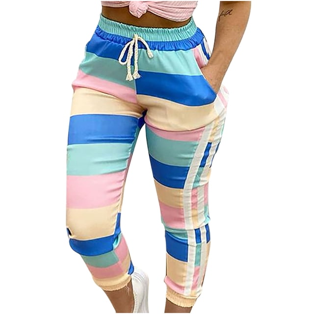 Pantalones casuales de empalme con cordón elástico con estampado de rayas a la moda para mujer Fridja hfkajh103242