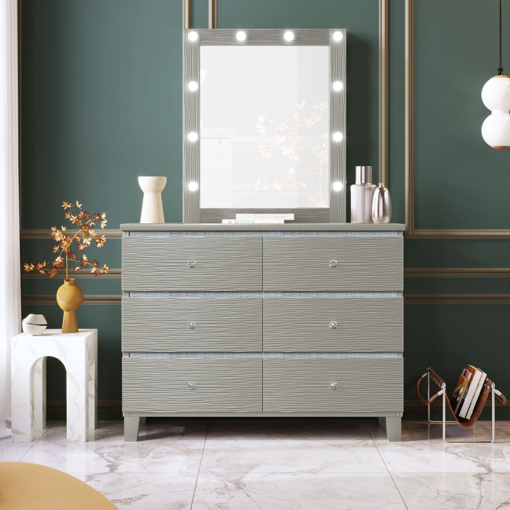 GZXS Modern Wood Dresser & Mirror Set, 6-Drawers Chest Dresser, Vanity ...
