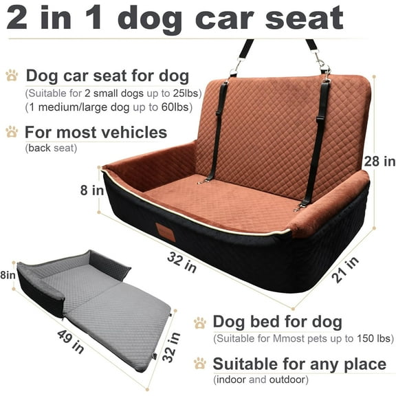 Dogs Car Seat and Bed 2 in 1, Pet Car Bed for 2 Small or 1 Medium/Large Dog up to 60 lbs, Dog Booster for car Back Seat, Safety, Comfortable, Storage Pocket, Fully Detachable and Washable (Grey)