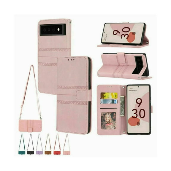 For Google Pixel 7 Pro Shockproof Leather Card Holder Wallet Case Cover With Crossbody Strap