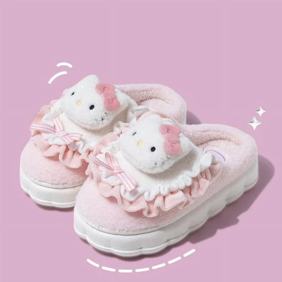 Sanrio Hello Kitty Home Fuzzy Slipper Kuromi Cinnamoroll My Melody Yk2 Women Winter Plush Non Slip Slippers Girl Cute Flat Shoes
