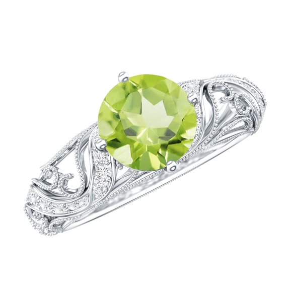 Rosec Jewels Peridot Art Deco Engagement Ring With Diamond (Half Carat- AAA Quality), 925 Sterling Silver, US 4.00