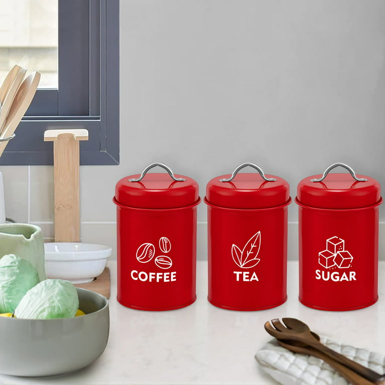 Vesteel 3 Piece Kitchen Canisters for Kitchen Counter, Sugar Tea Coffee Kitchen Canister Set Food Storage Jars with Bamboo Lids - Red