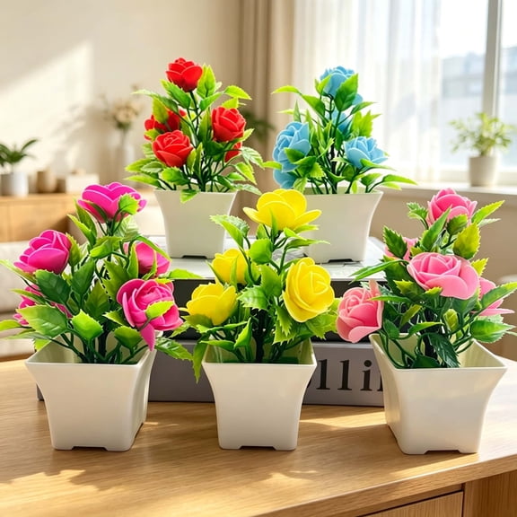 5 Pack Small Fake Plants Mini Artificial Faux Rose Flowers with Pot Mini Potted Plants for House Office Desk Tabletop Decoration