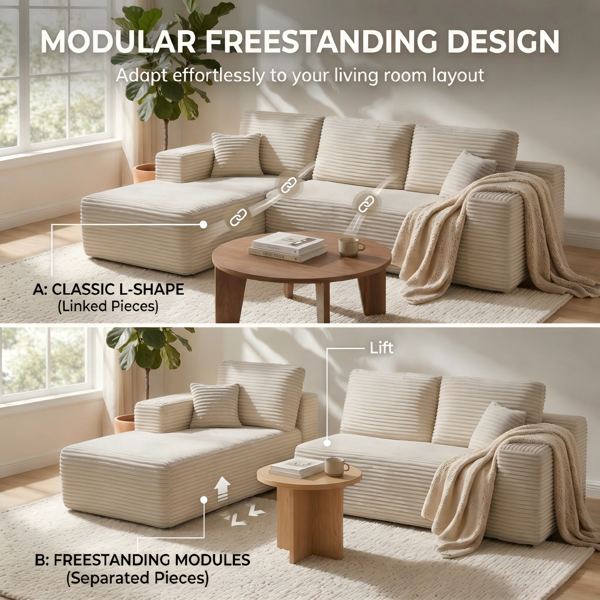 104" Cloud Sectional Sofa with Chaise, L-Shaped Corduroy Couch for Living Room, Zero Assembly, Memory Foam & Pocket Spring, Arrives in 2 Boxes, Left Facing (Beige)