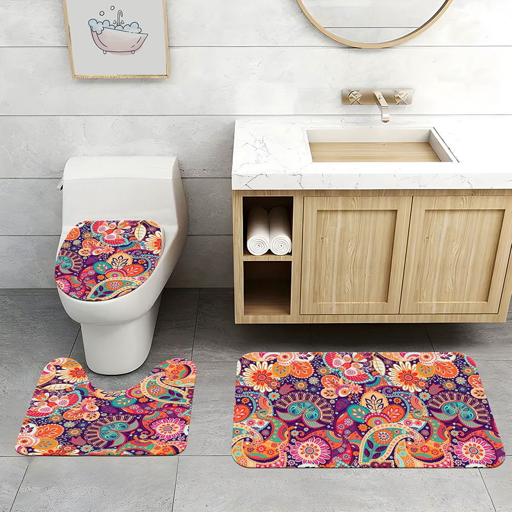 4 Pcs Boho Paisley Mandala Floral Shower Curtain Set with Rug Toilet Cover and Bath Mat for Bathroom