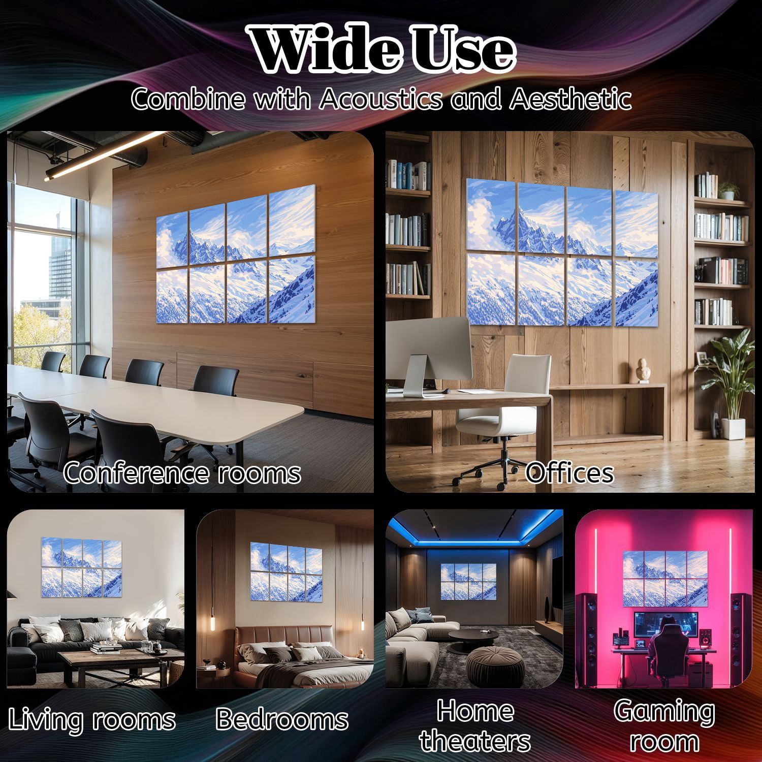 8 Pack Art Acoustic Panels Sound Absorbing Mountains Chamonix Decorative Soundproof Wall Panels Self Adhesive for Nursery Game Room Bedroom 48"x32"