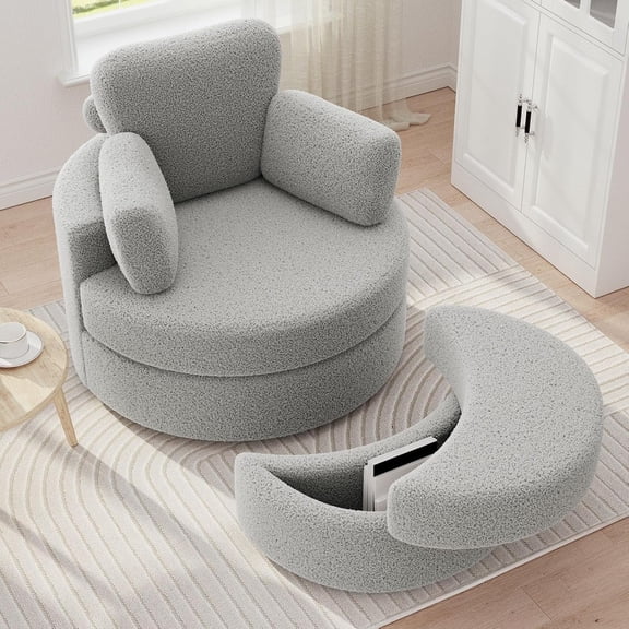 MEISSALIVVE 360° Swivel Barrel Accent Chair with Ottoman, Round Cuddle Lounge Seat with Pillow, Modern Design for Living Room, Bedroom, Gray