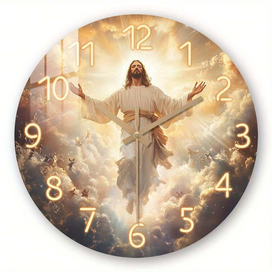 Silent Non-Ticking Round Wall Clock, Jesus Christ in Heaven Clouds Holy Light Religious Decorative Wall Clock, Faith Spiritual Art Hanging Quartz Clock for Church Living Room Christian Home Decor