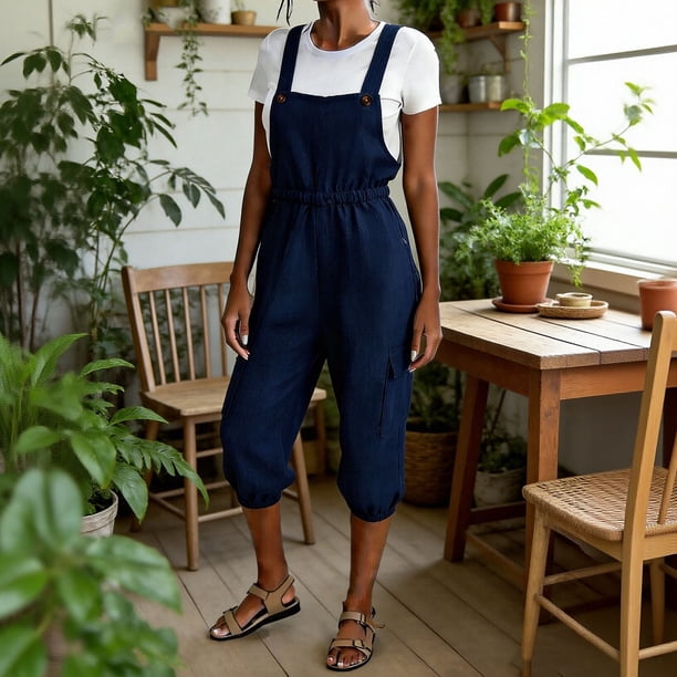 TaTaai Women's Casual Linen Texture Overall Shorts Loose Fit Sleeveless Shoulder Straps Cargo Jumpsuit with Side Pockets Elegant Comfortable All Season One-Piece Outfit Gift