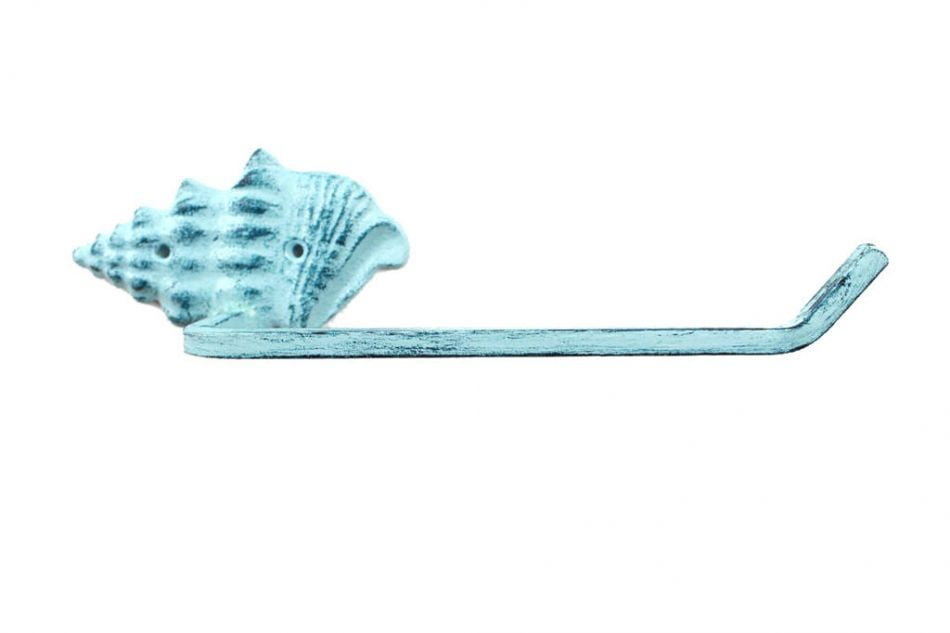 Rustic Dark Blue Whitewashed Cast Iron Conch Shell Toilet Paper Holder 11' - Sea Decor - Beach Living