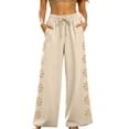 thumbnail image 2 of IUYRTFE Women's Linen Blend Wide Leg Pants with Drawstring Elastic Waist and Pockets Casual Relaxed Fit Trousers, 2 of 7