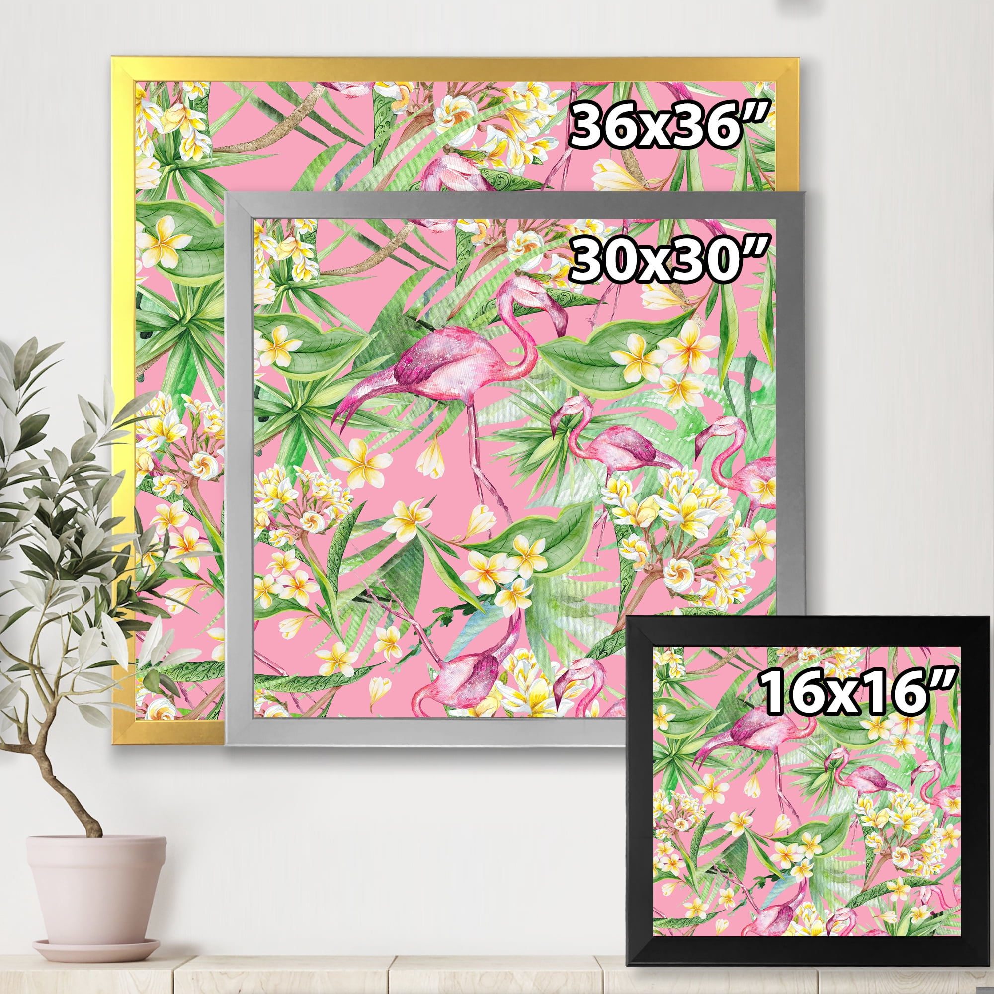 Designart 'Yellow Flowers, Tropical Foliage With Flamingo III' Modern Framed Art Print