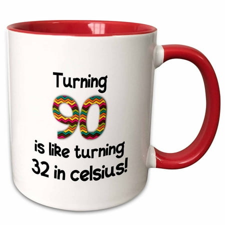 32 Ounce Stadium Cup - 3dRose Turning 90 is like turning 32 in celsius - humorous 90th birthday gift - Two Tone Red Mug, 11-ounce