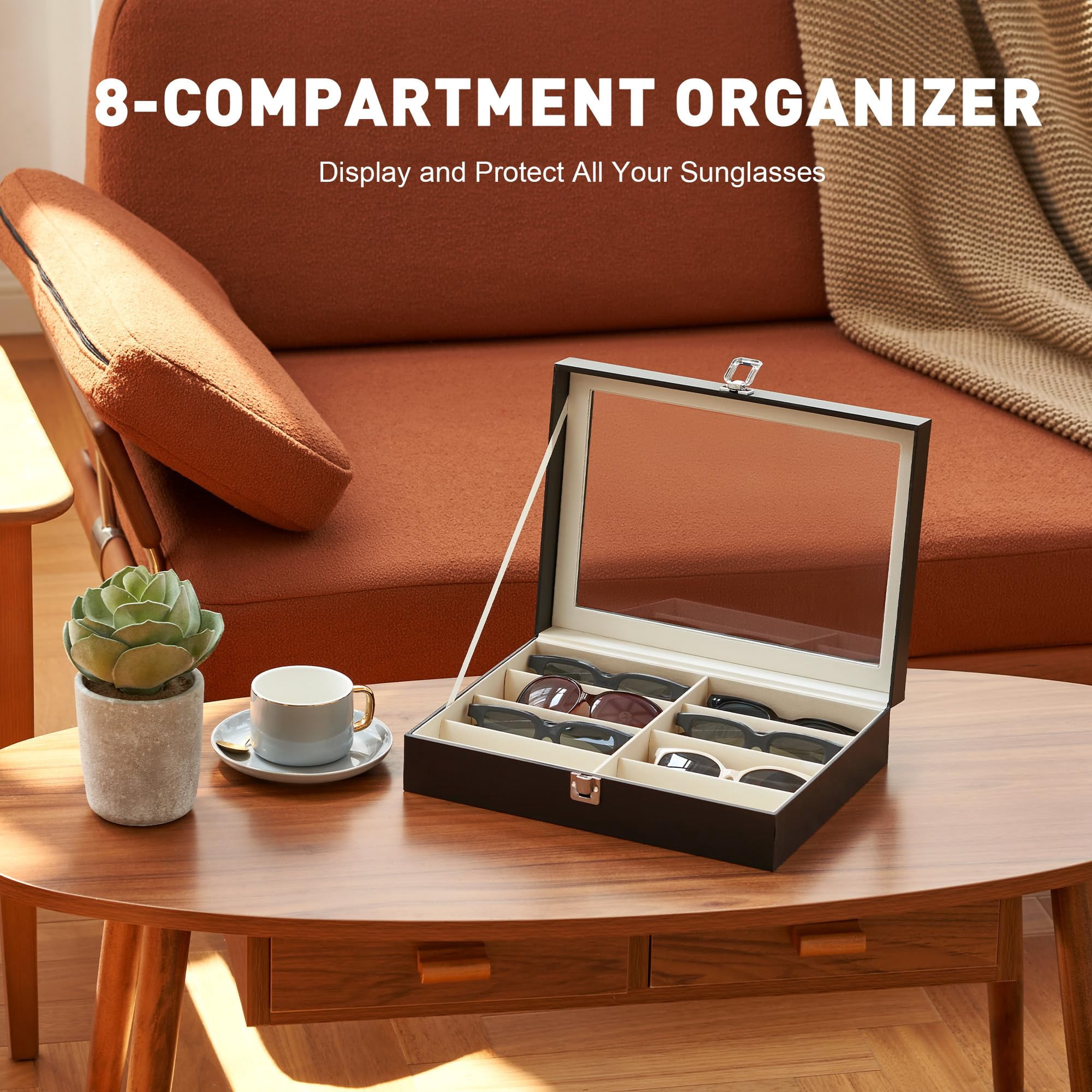 8 Slot Sunglasses Organizer Box with Clear Acrylic Lid, PU Leather Eyeglasses Storage Case Display Holder for Men Women, Fleece Lined Eyewear Organizer for Sunglasses, Home & Dresser, Black