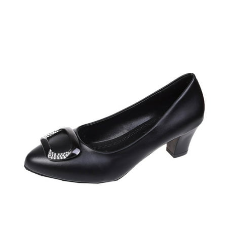 

2022 new style single shoe shallow mouth thick heel spring and summer middle-aged women s leather shoes women s middle heel work shoes
