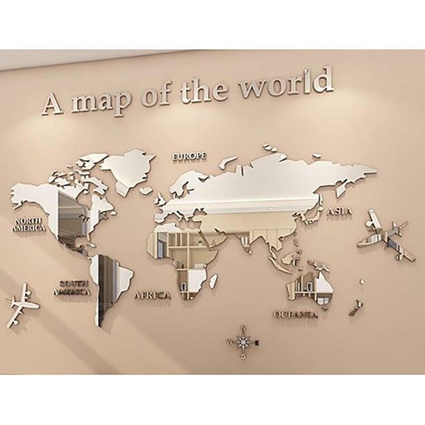 Pegatinas de Pared de Espejo Acrílico, Mapa del Mundo 3D Plateado, Pegatina de Espejo de Pared, Calcomanías de Espejo, Despegar y Pegar para Oficina, Estudio, Sala de Estar y