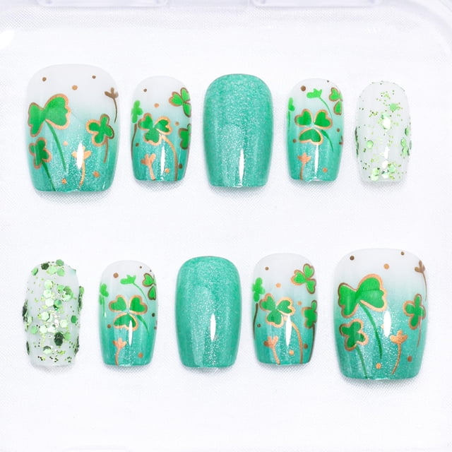 Set de uñas postizas acrílicas Sutaozhi de 30 piezas, verde trébol, estilo coffin