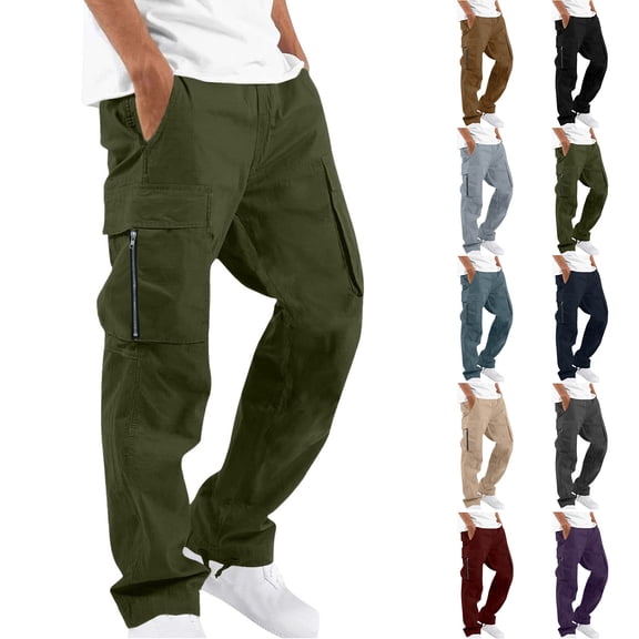 Admvng Men's Baggy Cargo Pants Trendy Casual Solid Loose Fit Multiple Pockets Outdoor Straight Type Fitness Cargo Hiking Pants Men S-2XL