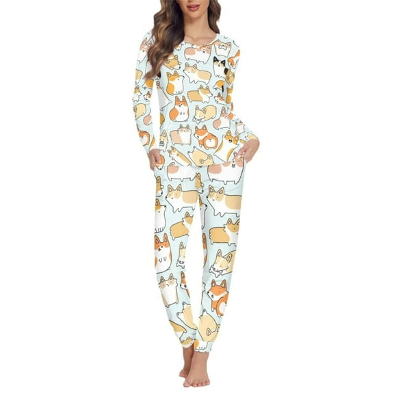 Renewold Round Neck Sleepwear for Women Pajama Fashion Lounge Wear Shirt & Long Pants 2 Pieces,Cute Corgi Casual Long Sleeve PJ Size M Daily Wear Fit for Fall Spring Winter
