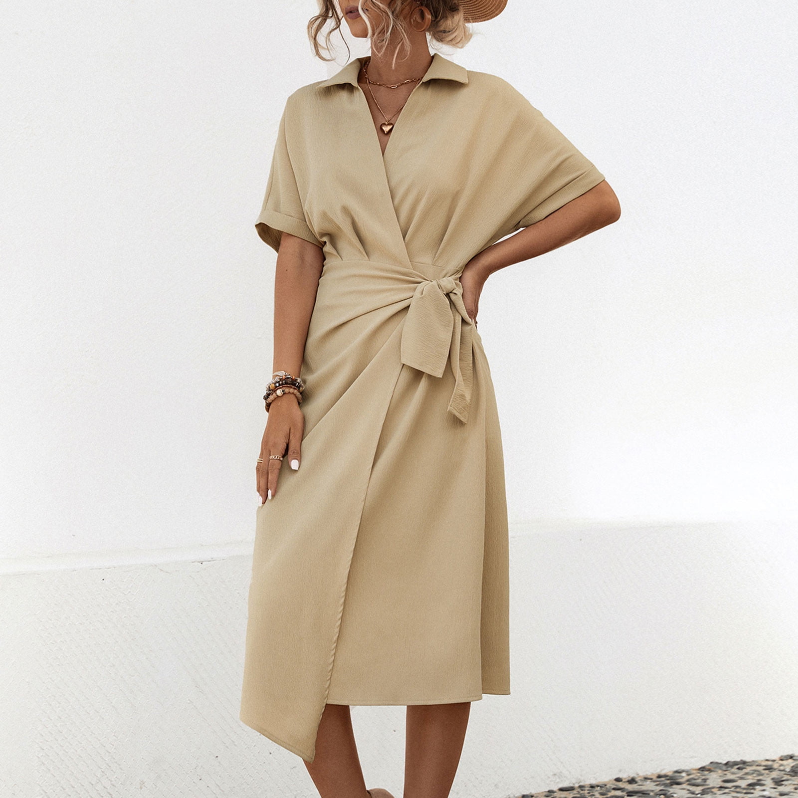 Women's 2024 Summer Wrap Cotton Linen Dress Elegant V Neck Short Sleeve  Casual Solid Midi Dresses - Walmart.com