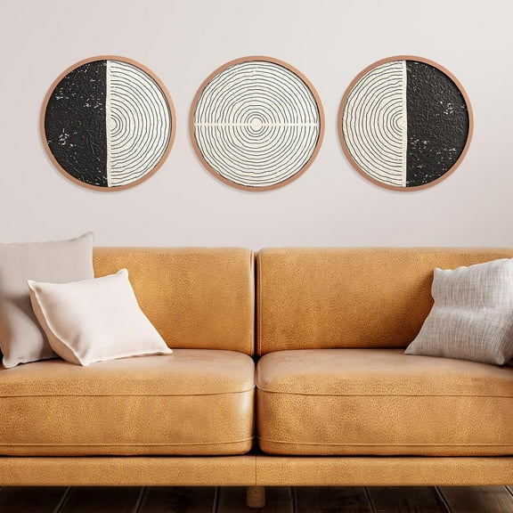 3 Piece Black and White Minimalist Wall Decor, 11.8 Inch 3D Textured Wooden Round Geometric Wall Sculptures, Abstract Art for Living Room Bathroom Bedroom Office Rustic Modern Home Decorations