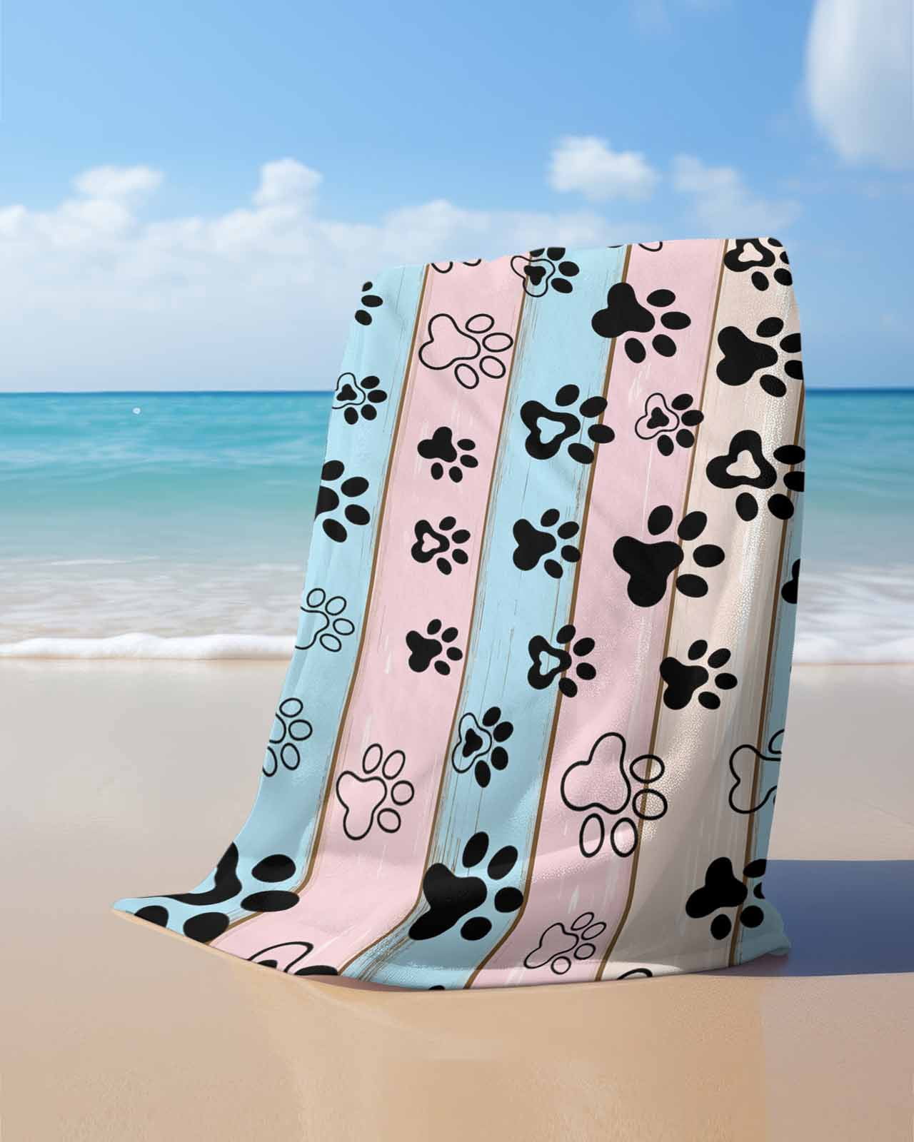 Pink Blue Paw Print Beach Towels Oversized Super Absorbent, Vintage Farmhouse Rustic Wooden Grain Lightweight Bath Towel Quick Dry Sets For Bathroom/Pool/Rv Camping/Beach Play/Gym Room/Picnic 35"x70"