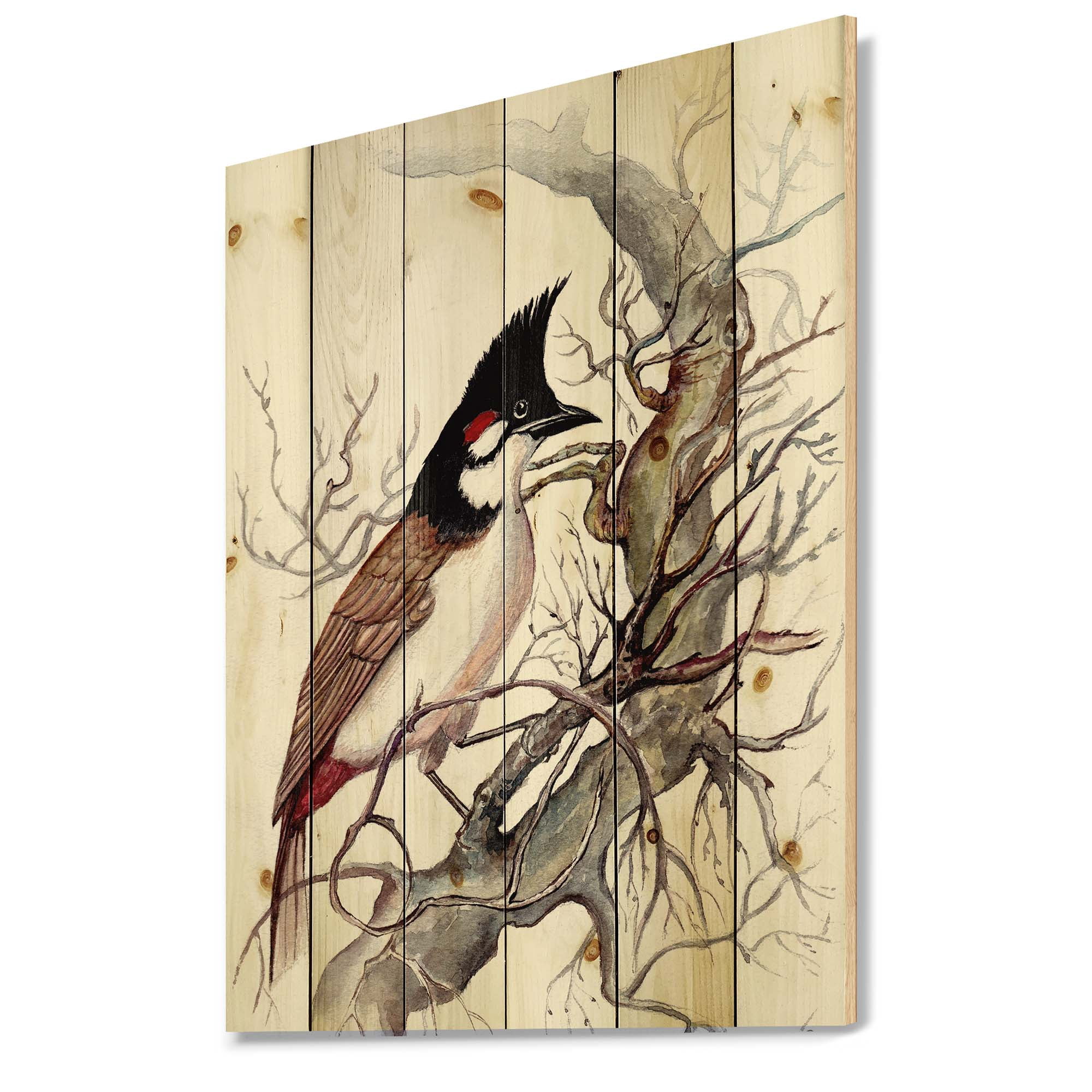 Designart 'Ancient Beautiful Bird On A Branch' Traditional Print on Natural Pine Wood