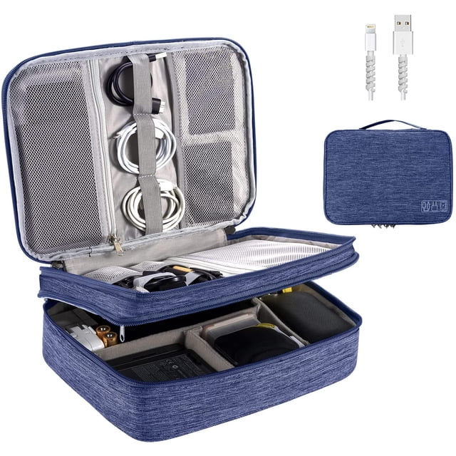 Bolsa Electrónica Multifuncional Bolsa de Cables Portátil Impermeable para Tableta, Disco Duro Externo, Cargador, Cables, Objetos, Adaptadores, Tarjetas de Memoria, Cables USB (Azul-3 Capas)