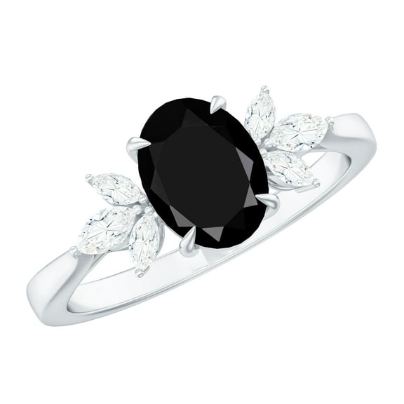 Rosec Jewels Real Black Onyx Oval Engagement Ring for Women - 6X8 mm - Black Onyx Diamond Ring - AAA Grade - with Jewelry Box, 925 Sterling Silver, US 4.00