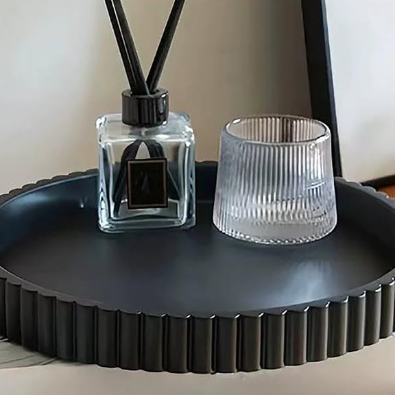 Decorative Tray,Wooden Tray,Black Ribbed Wooden Decorative Tray,Candle Holder Tray Home Decor, Round Wood Tray for Coffee Table, Small Wooden Serving Decorative Trays(A)