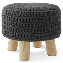 Hand-Knitted Cotton Pouf Ottoman Footstool, 13" Round x 11" High, Boho Accent Footrest with Non-Skid Legs, Foot Stool and Extra Seating, Gray