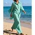 thumbnail image 2 of Amzcrzy Two Piece Sets for Women 2026 Solid Color Spring Outfits V Neck Button Down Shirt with Roll Tab Sleeves Wide Leg Pants Lounge Sets with Pockets Dressy Casual Loungewear Sets Green L, 2 of 6
