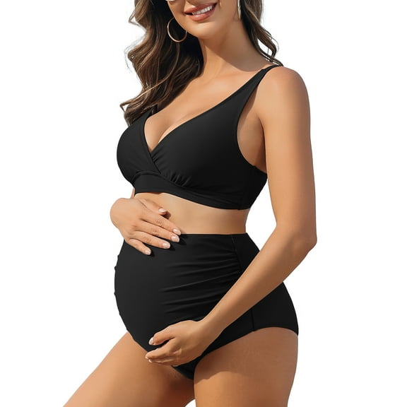 Ruched V Neck Two Piece Bikini Sets for Maternity Adjustable Straps Pregnancy Bathing Suits
