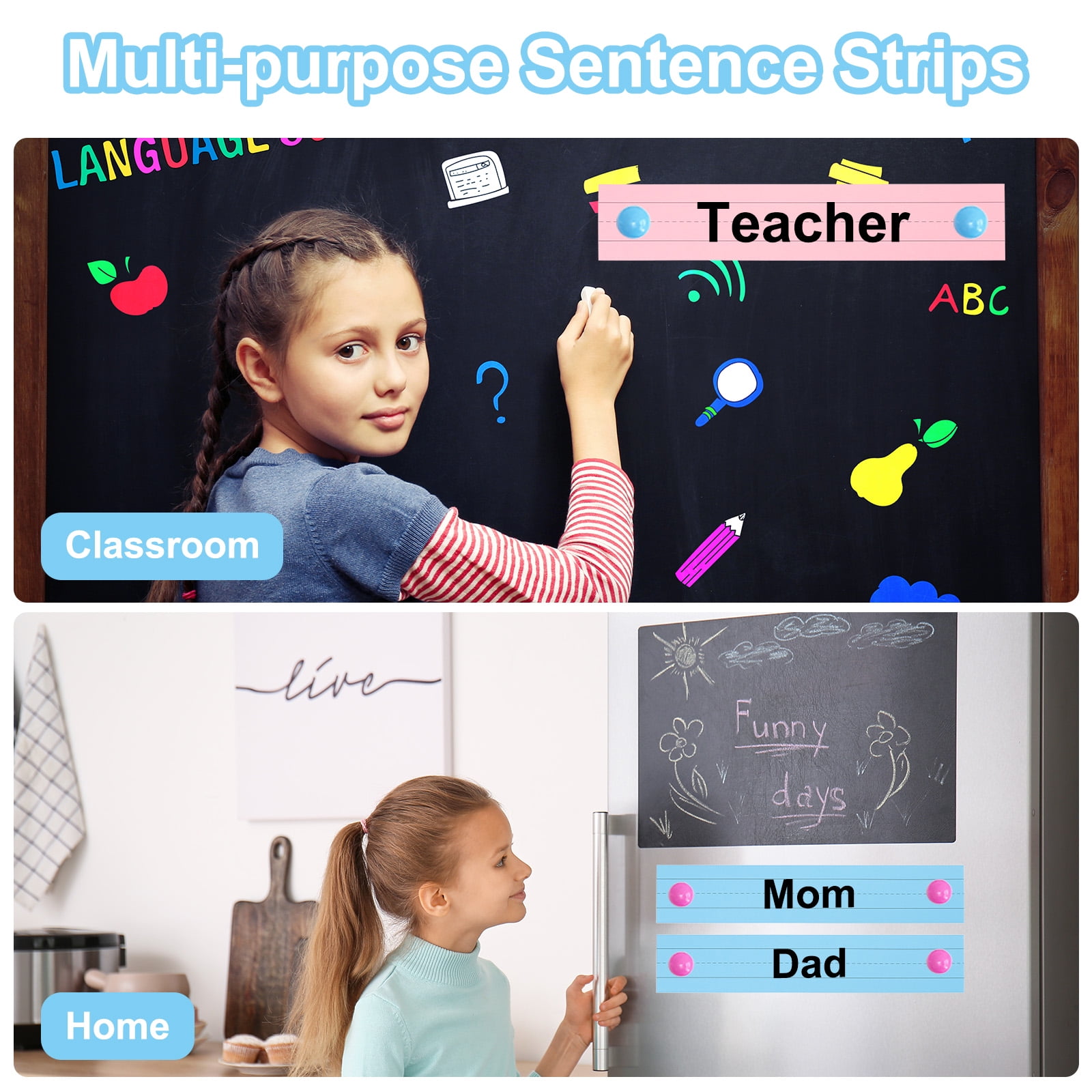 Uxcell 100 Sheets Ruled Sentence Strips, 3" x 17" Cardstock 250GSM Writing Paper Blue Red Lined for Classrooms, Pink