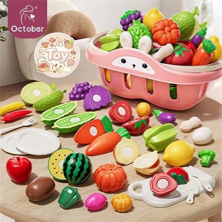 Cuttable Fruit Vegetable Food Set with Storage Basket Pretend Play Toys Kitchen Role Play Kit Immersive Chef Simulation Game Christmas Birthday Gifts Toys for Toddler Baby Kids Boys Girls Age 3+
