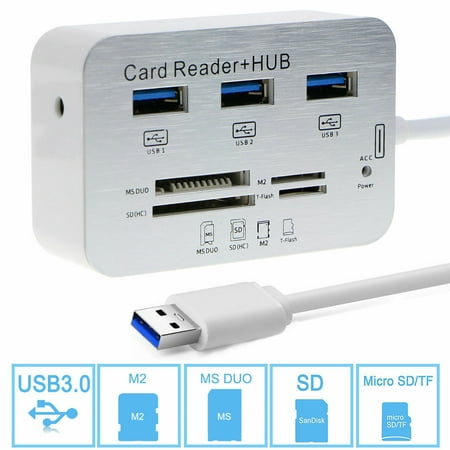 3 Port Aluminum USB 3.0 Hub with Multi-in-1 Card Reader (MS, Micro SD,SD/MMC,M2,TF Card) for iMac, All MacBooks, Mac Mini