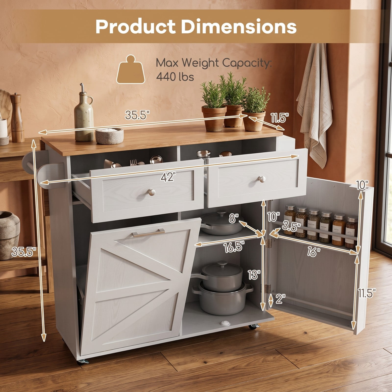 Furnibear Rolling Kitchen Island with Trash Can Cabinet, Drop Leaf Kitchen Cart with 2 Drawers, Spice and Towel Rack, Rubber Universal Wheels for Dining Room, Grey