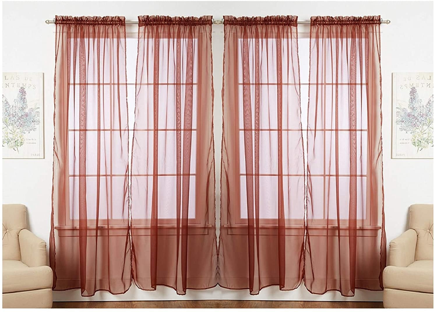 55" inch x 84" inch Sheer Curtains Window Voile Panels, Set of 4 Chocolate