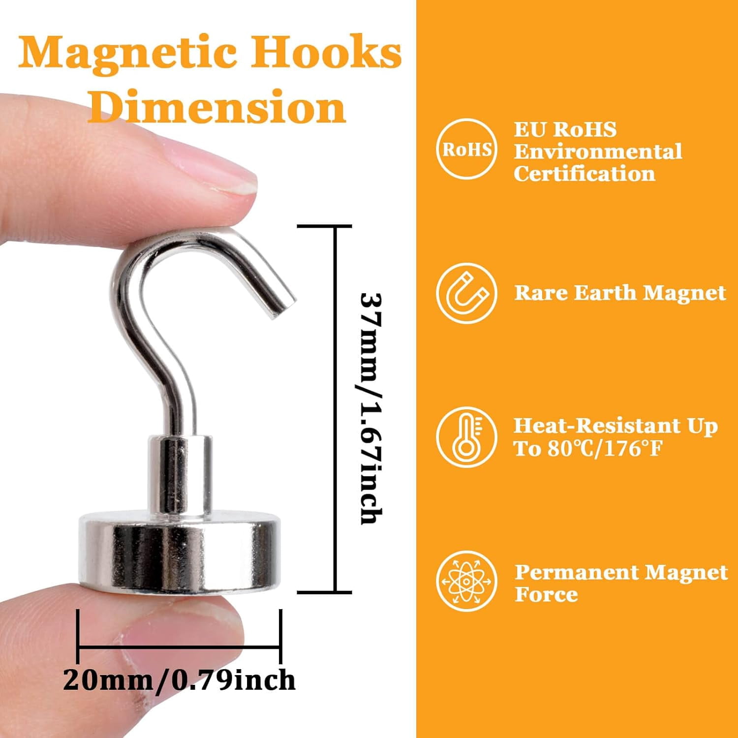 JJEAN-Magnetic Hooks Heavy Duty, 35lb+ Strong Magnetic Wall Hooks for Hanging, Neodymium Metal Magnets with Hooks Large Magnetic Hooks, for Classroom Cruise Fridge Kitchen, Pack of 12
