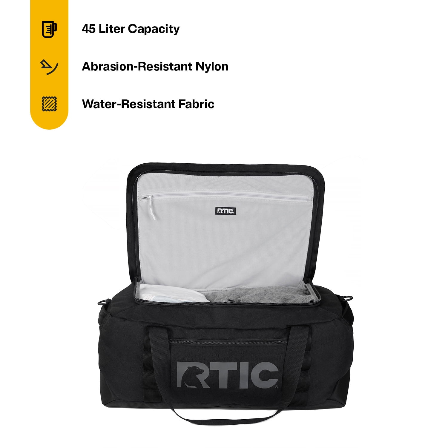 RTIC Road Trip Duffle Bag, Large, Water Resistant, Durable Fabric, Black