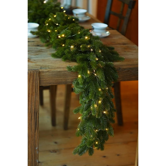 6FT Christmas Garland Cedar Garland with 9.8FT LED Lights String, Greenery Plant for Christmas Decorations Table Mantle Background Wall Room Outdoor Indoor Winter Decoration