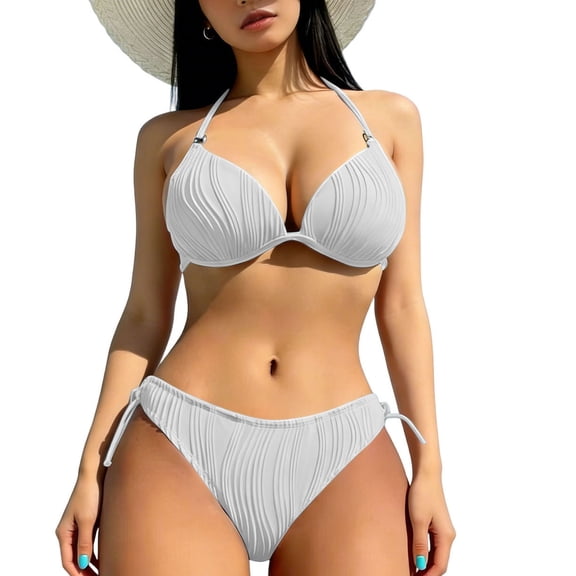 Bikinis for Curvy Women 2 Piece Textured Ribbed Halter Neck Push Up Bra Tie Back Swimsuits with Bikini Thong