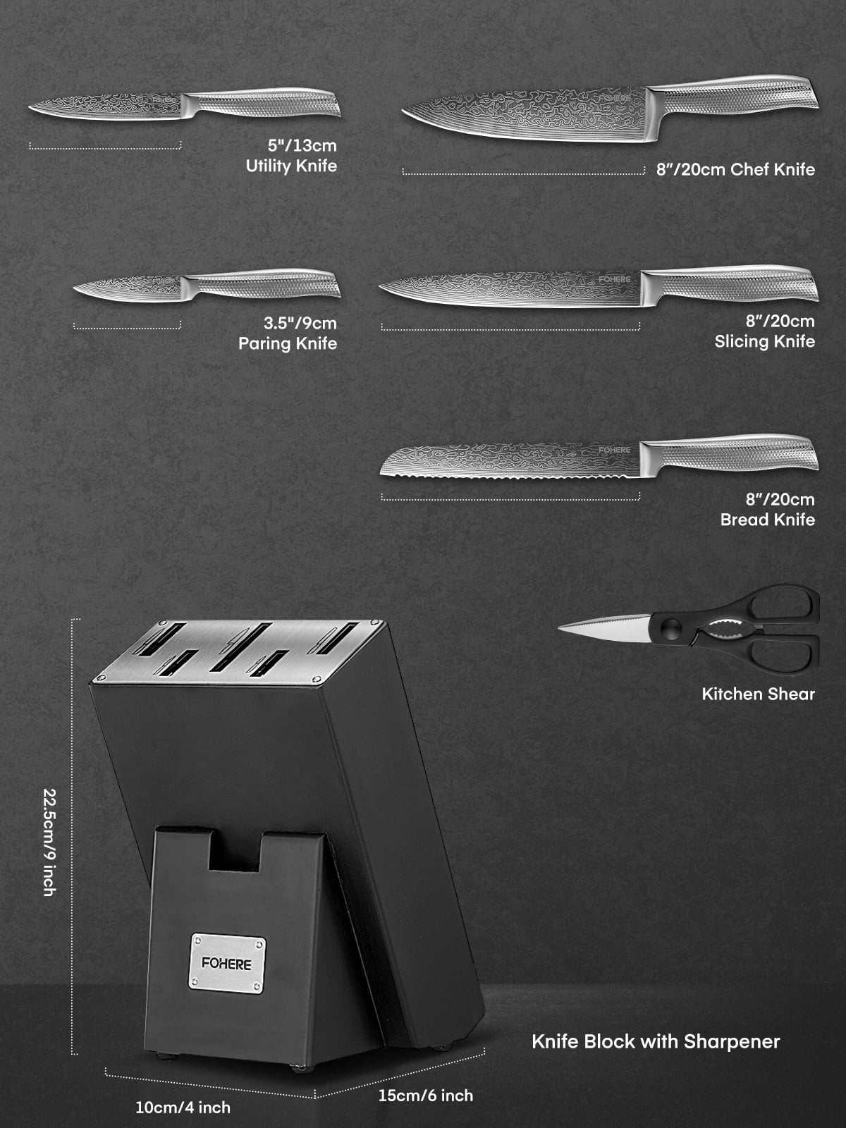 FOHERE 7-Piece Kitchen Knife Set with Sharpener, Unique Waved Pattern & Stainless Steel Handle