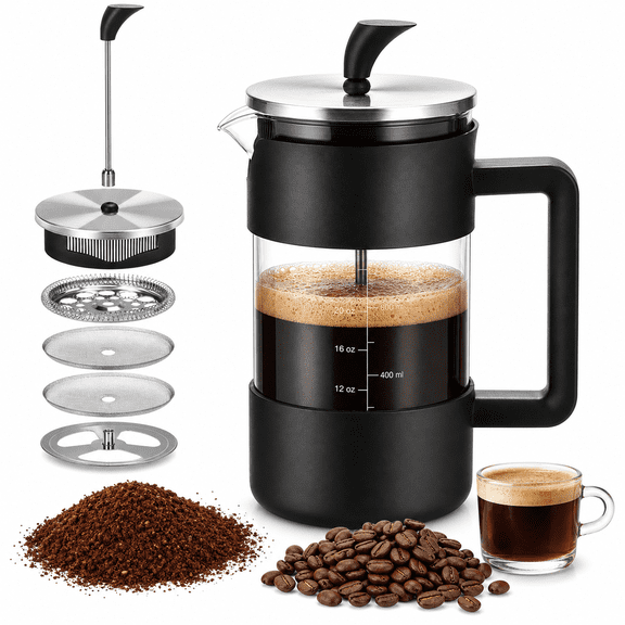 Acarner French Press Coffee Maker 35 oz, Stainless Steel Cold Brew Coffee Make,Heat Resistant Thick Borosilicate Glass French Presses with with 4-Level Filtration, Black