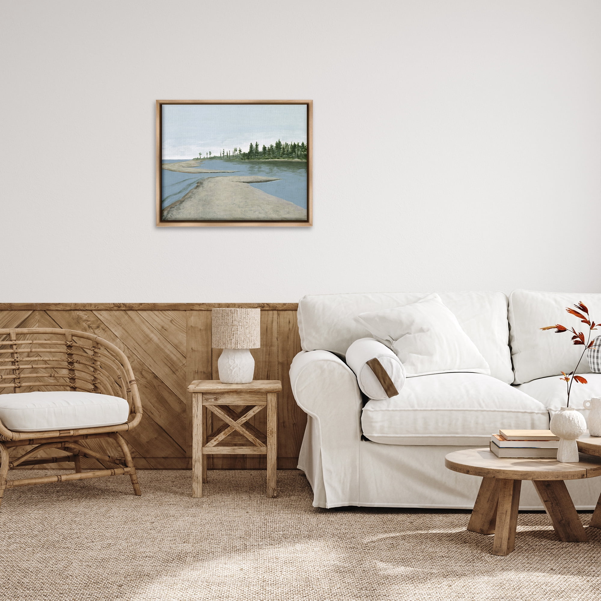 Stupell Industries Lake Waterfront Scenery Landscape Painting Brown Floater Framed Canvas Art Print Wall Art, 31 x 25