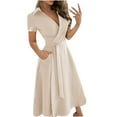 thumbnail image 2 of Leesechin Frocks for Women Ladies Elegant Loose Bandage Short Sleeve Solid V-Neck Ankle-Length Dress, 2 of 5