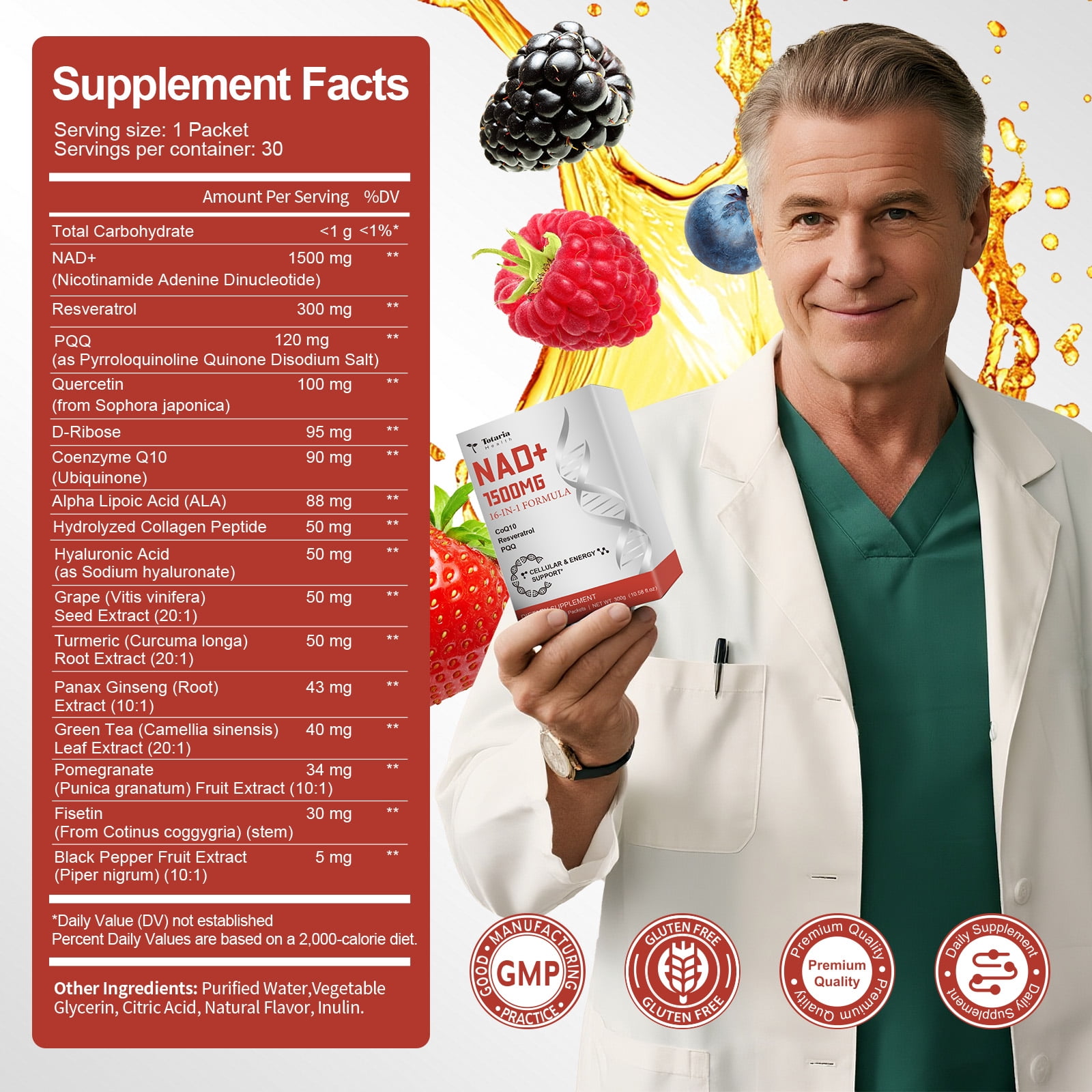 Totaria NAD+ Liquid Supplement 1500mg, 16-in-1 Formula, Berry Flavor, Supports Cellular Energy & Focus, 30 Single-Serve Packets, Gluten Free