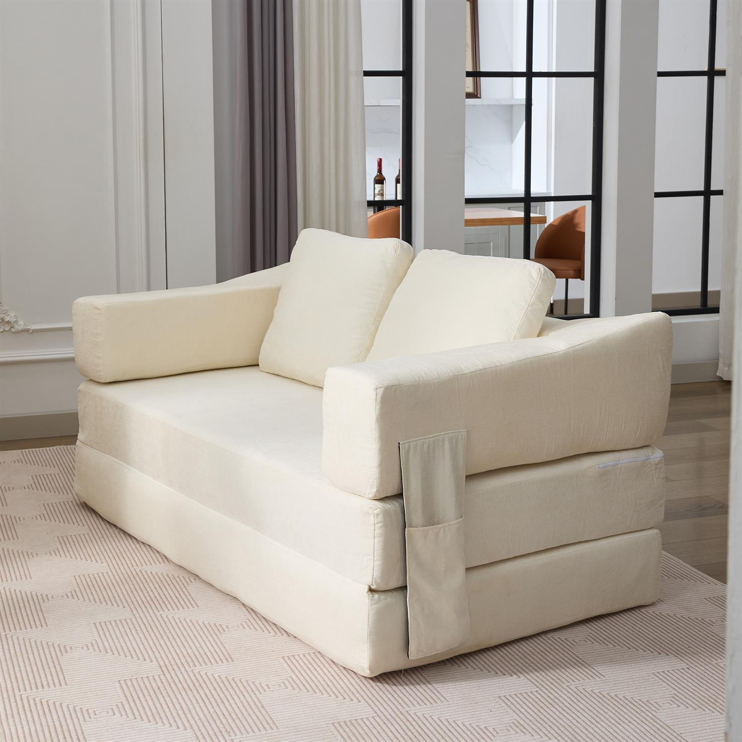 Demi Bonn 70" Modern Minimalist Convertible Sofa Bed, Fold-Out Sofa Chair, Versatile Floor Couch & Mattress for Living Room, Bedroom, Apartment, Removable Backrest, White